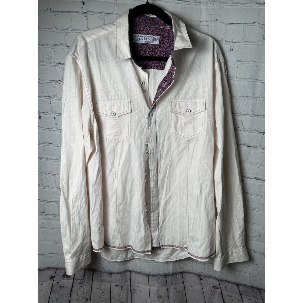 John Lennon Mens 2XL Button Down Shirt White Purple Paisley Trim Long Sleeve
